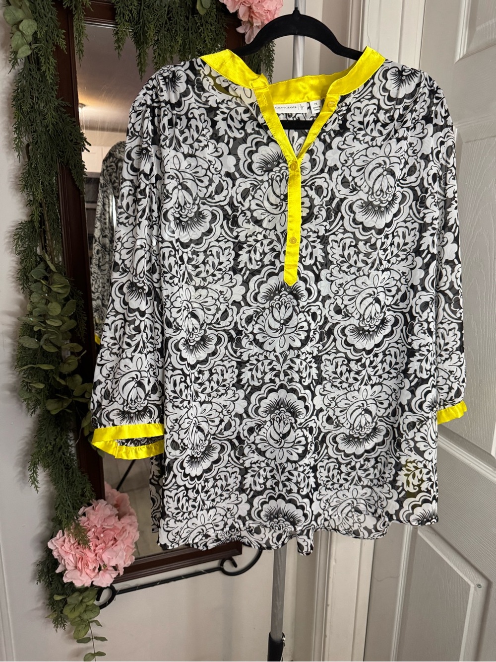 Susan Graver Black & White Floral Tunic with Bright Yellow Trim